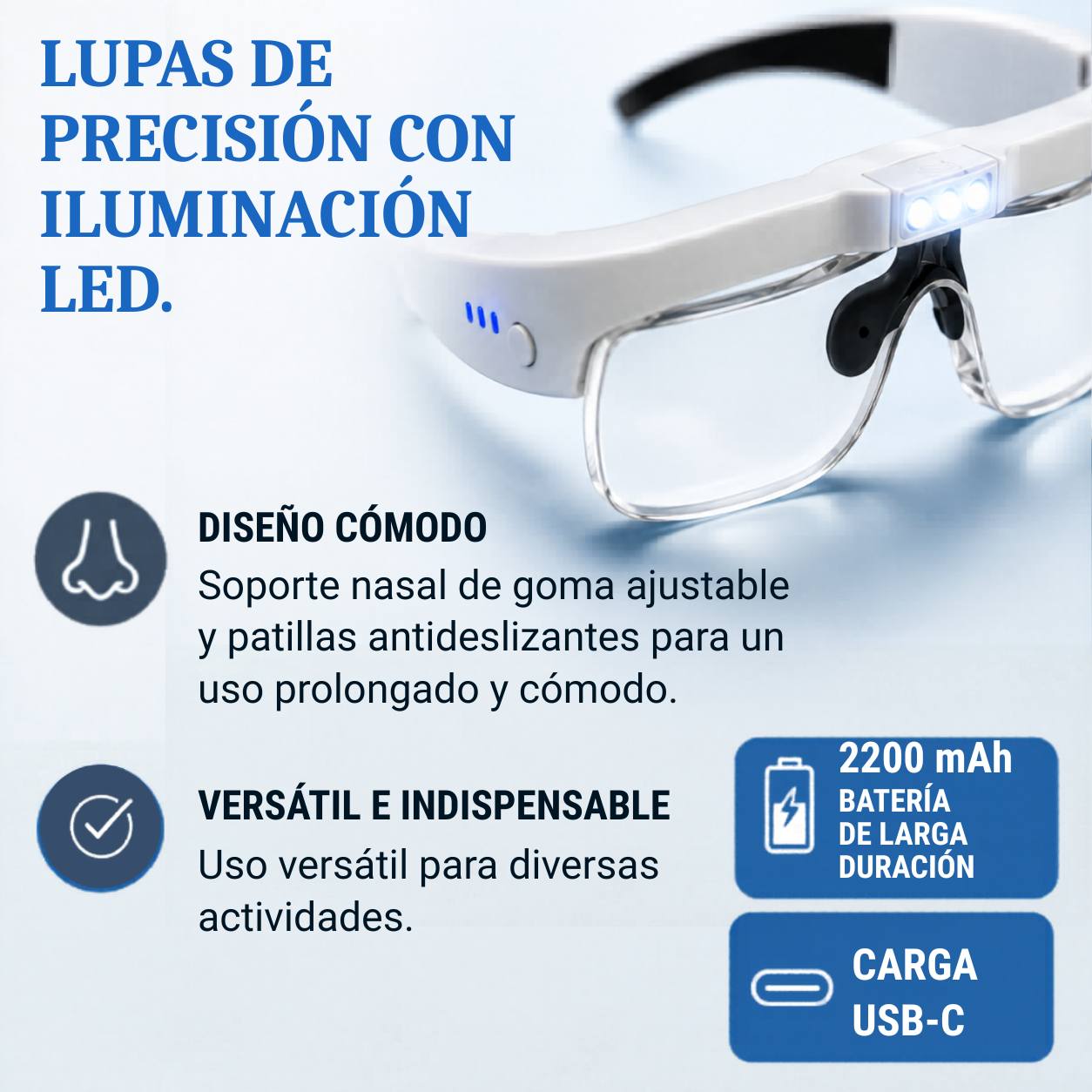 Lupa de precisión con iluminación LED, diseño cómodo y batería de larga duración